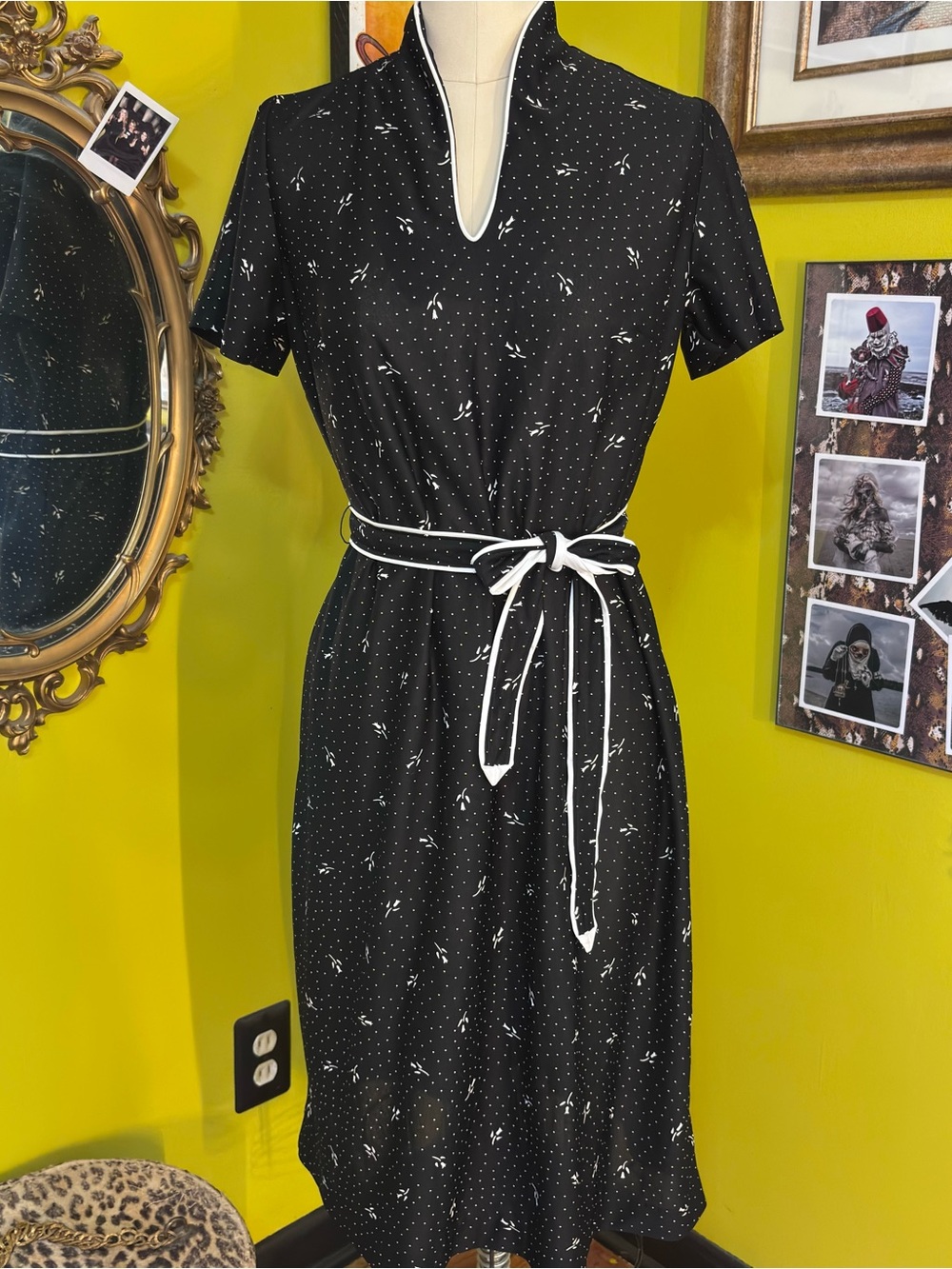 Vintage Black Dress with White Dot & Trim